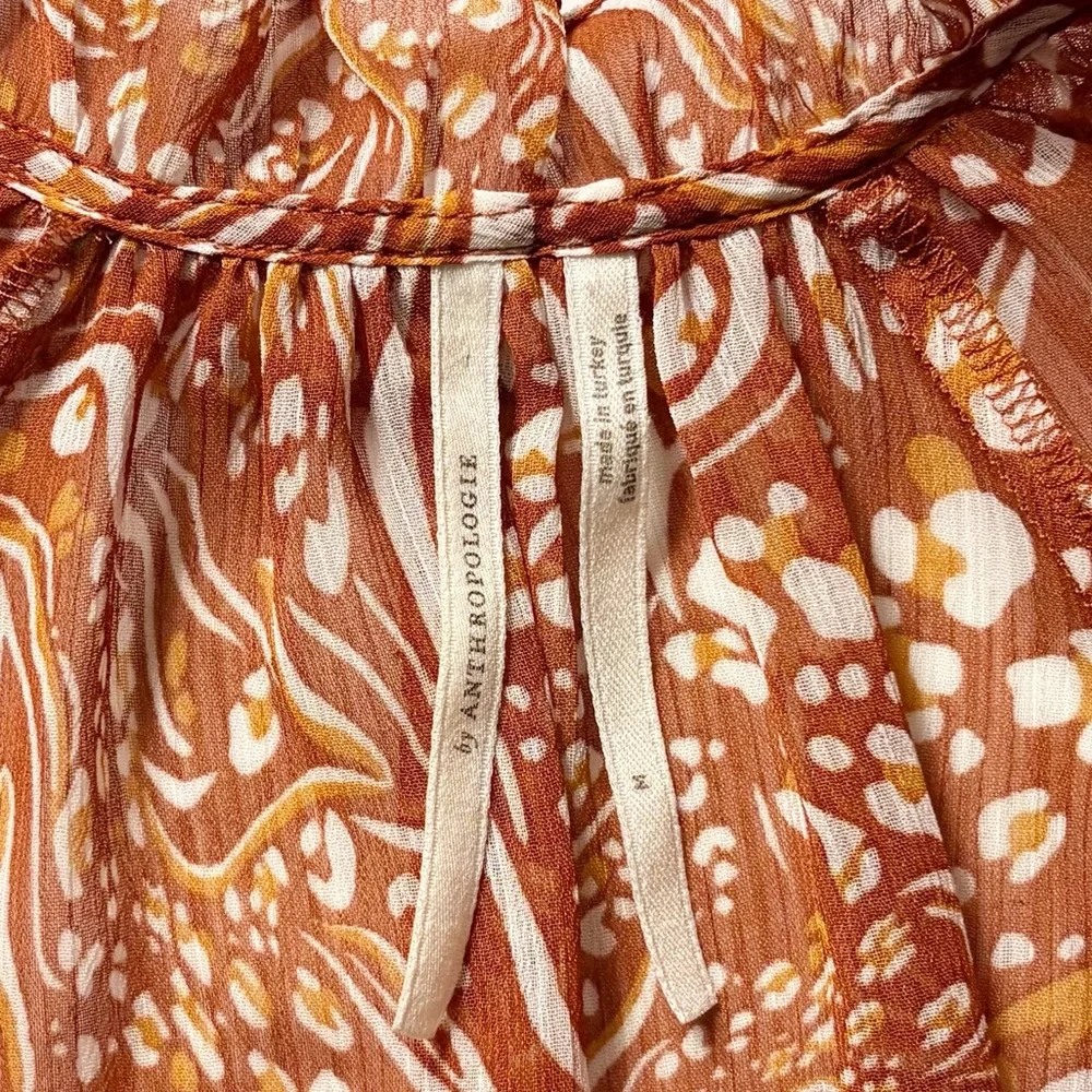 Anthropologie Sheer Printed Peasant Blouse in Orange &‎ White Abstract Print